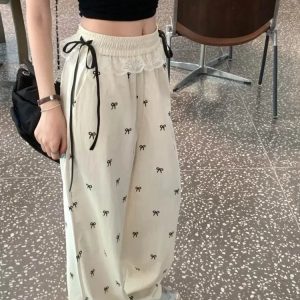 Y2K Fashion Bow Lace Trim Wide-Leg Pants for Trendy Summer Outfits