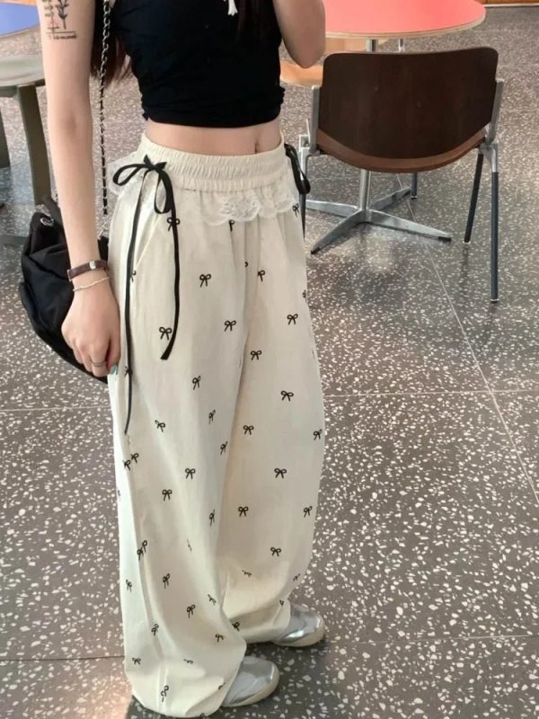 Y2K Fashion Bow Lace Trim Wide-Leg Pants for Trendy Summer Outfits