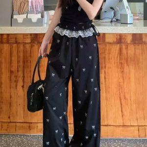 Y2K Fashion Bow Lace Trim Wide-Leg Pants for Trendy Summer Outfits