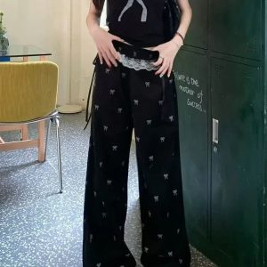 Y2K Fashion Bow Lace Trim Wide-Leg Pants for Trendy Summer Outfits