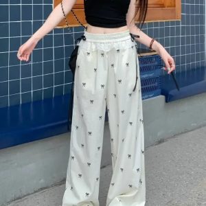 Y2K Fashion Bow Lace Trim Wide-Leg Pants for Trendy Summer Outfits