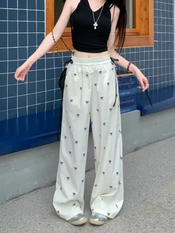 Y2K Fashion Bow Lace Trim Wide-Leg Pants for Trendy Summer Outfits