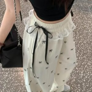 Y2K Fashion Bow Lace Trim Wide-Leg Pants for Trendy Summer Outfits