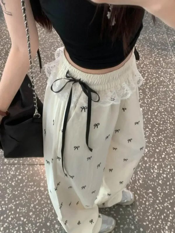 Y2K Fashion Bow Lace Trim Wide-Leg Pants for Trendy Summer Outfits