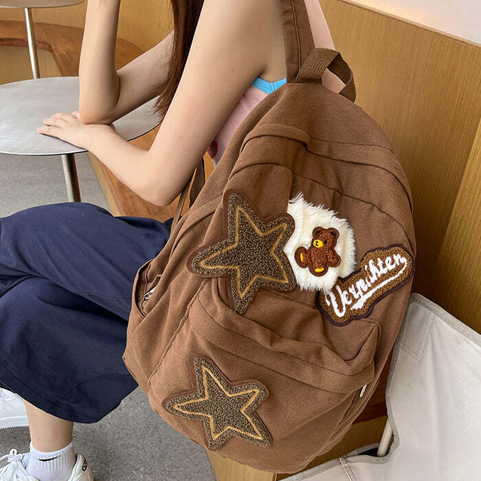 Y2K Fashion Brown Bear Star Backpack: Trendy Grunge Aesthetic Bag