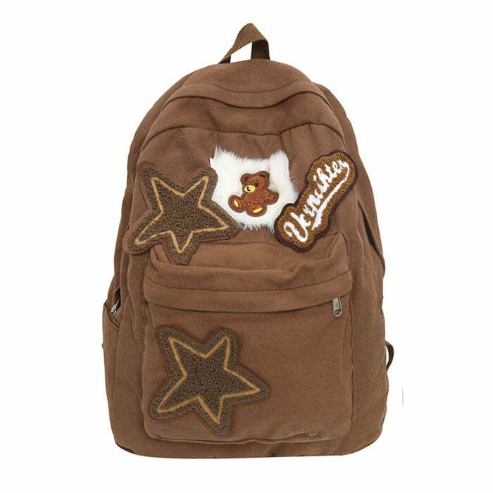 Y2K Fashion Brown Bear Star Backpack: Trendy Grunge Aesthetic Bag