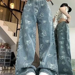 Y2K Fashion Butterfly Aesthetic Wide Leg Jeans for Trendy Summer Outfits