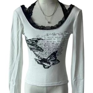 Y2K Fashion Butterfly Script Lace-Trim Top for Trendy Summer Outfits