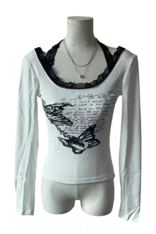 Y2K Fashion Butterfly Script Lace-Trim Top for Trendy Summer Outfits