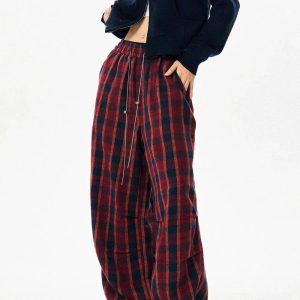 Y2K Fashion Classic Plaid Baggy Lounge Pants for Trendy Summer Outfits