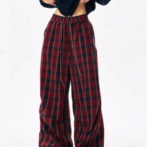 Y2K Fashion Classic Plaid Baggy Lounge Pants for Trendy Summer Outfits