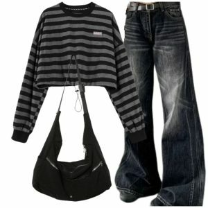 Y2K Fashion: Distressed Wide-Leg Jeans, Striped Sweatshirt & Nylon Bag