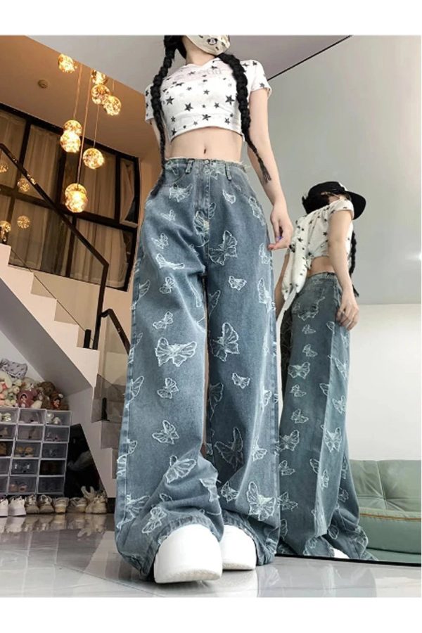 Y2K Fashion Fall Butterfly Dream Wide-Leg Jeans for Trendy Outfits