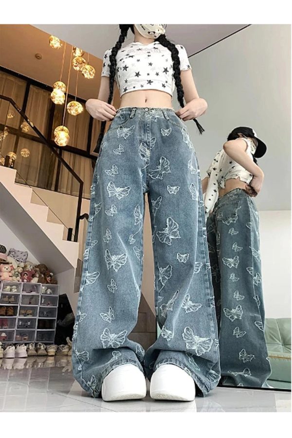 Y2K Fashion Fall Butterfly Dream Wide-Leg Jeans for Trendy Outfits