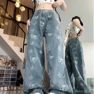 Y2K Fashion Fall Butterfly Dream Wide-Leg Jeans for Trendy Outfits