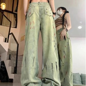 Y2K Fashion Fall Paint Splatter Grunge Wide-Leg Jeans for Trendy Outfits