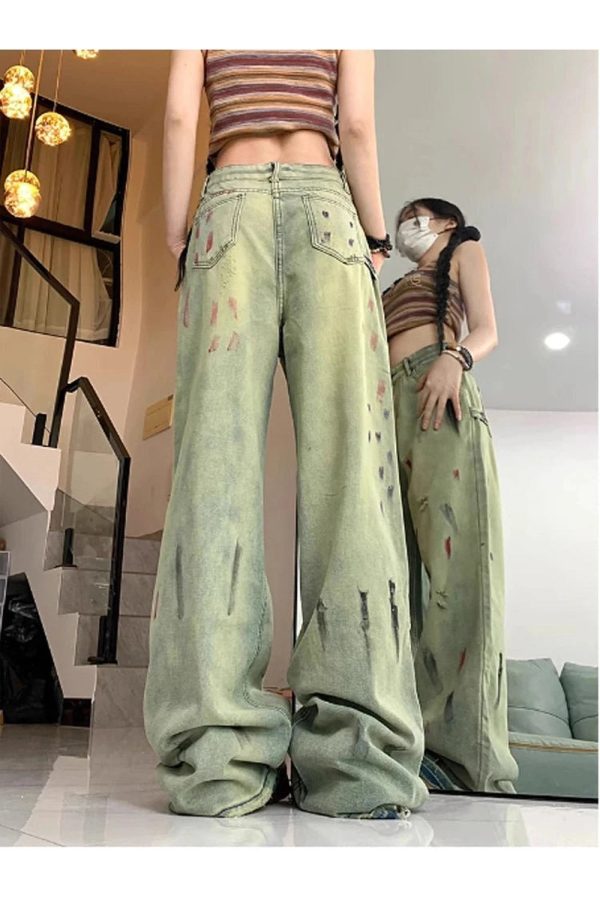 Y2K Fashion Fall Paint Splatter Grunge Wide-Leg Jeans for Trendy Outfits