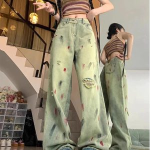 Y2K Fashion Fall Paint Splatter Grunge Wide-Leg Jeans for Trendy Outfits