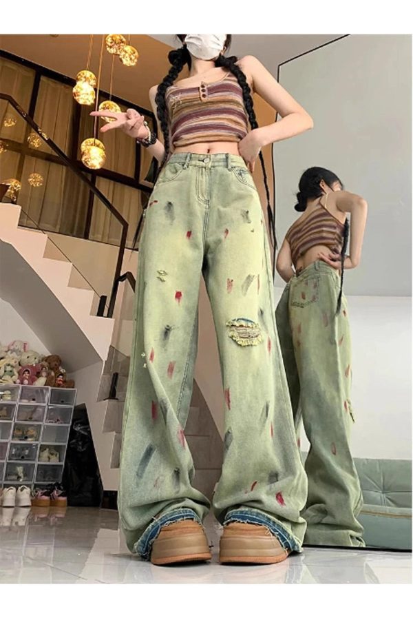 Y2K Fashion Fall Paint Splatter Grunge Wide-Leg Jeans for Trendy Outfits