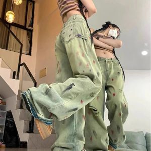 Y2K Fashion Fall Paint Splatter Grunge Wide-Leg Jeans for Trendy Outfits