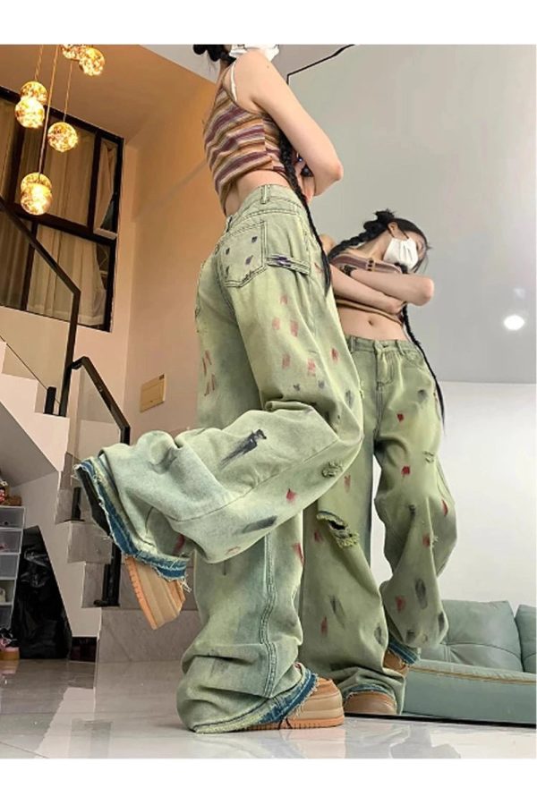 Y2K Fashion Fall Paint Splatter Grunge Wide-Leg Jeans for Trendy Outfits