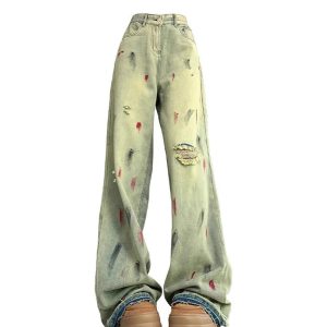 Y2K Fashion Fall Paint Splatter Grunge Wide-Leg Jeans for Trendy Outfits