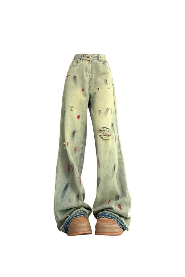 Y2K Fashion Fall Paint Splatter Grunge Wide-Leg Jeans for Trendy Outfits