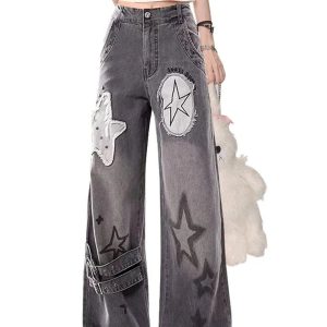 Y2K Fashion Fall Star Patchwork Wide-Leg Jeans for Trendy Outfits