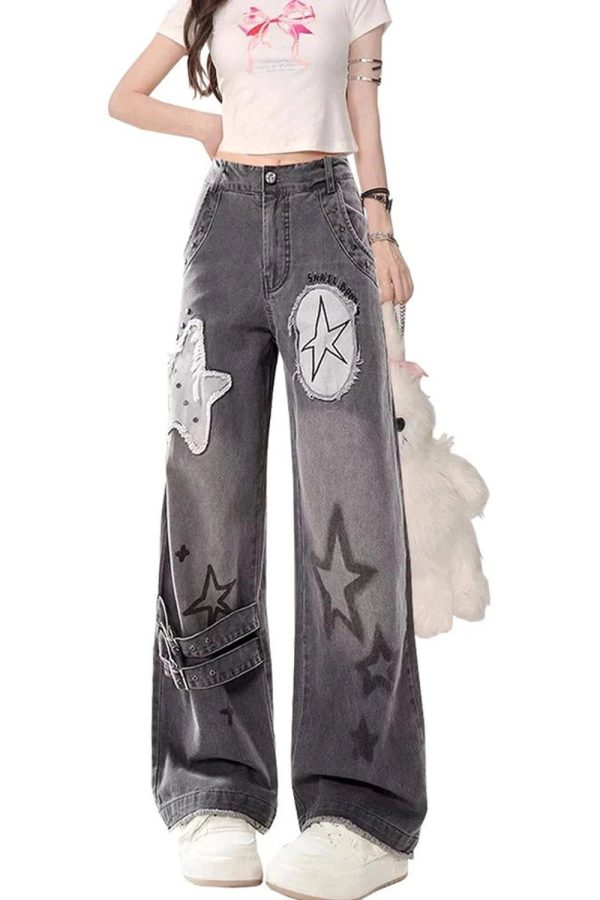 Y2K Fashion Fall Star Patchwork Wide-Leg Jeans for Trendy Outfits