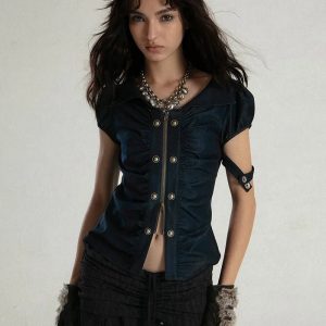 Y2K Fashion Industrial Siren Top: Grunge Aesthetic for Summer Outfits