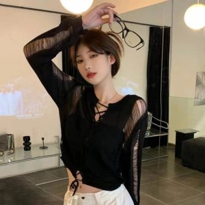 Y2K Fashion Midnight Lace-Up Mesh Top for Trendy Summer Outfits