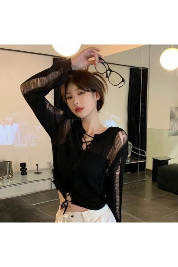 Y2K Fashion Midnight Lace-Up Mesh Top for Trendy Summer Outfits