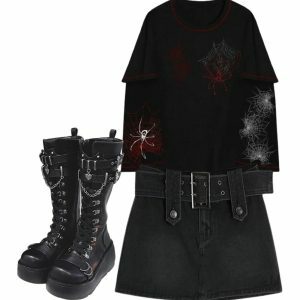 Y2K Fashion: Midnight Rebel Belted Mini Skirt & Fall Hoodie with Combat Boots