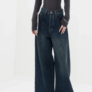 Y2K Fashion Oversized Dark Wash Wide-Leg Jeans for Effortless Style