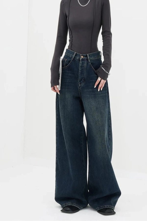 Y2K Fashion Oversized Dark Wash Wide-Leg Jeans for Effortless Style