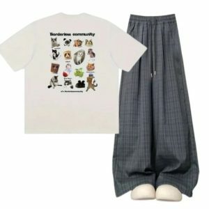 Y2K Fashion: Oversized Plaid Cargo Pants & Fun Pet Print Tee Outfit