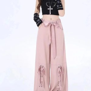 Y2K Fashion Pink Bow Lace-Up Cargo Pants for Trendy Summer Outfits