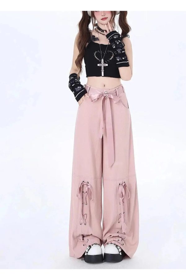 Y2K Fashion Pink Bow Lace-Up Cargo Pants for Trendy Summer Outfits