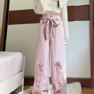 Y2K Fashion Pink Bow Lace-Up Cargo Pants for Trendy Summer Outfits