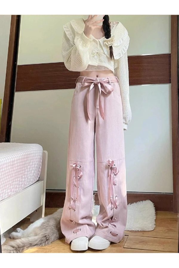 Y2K Fashion Pink Bow Lace-Up Cargo Pants for Trendy Summer Outfits