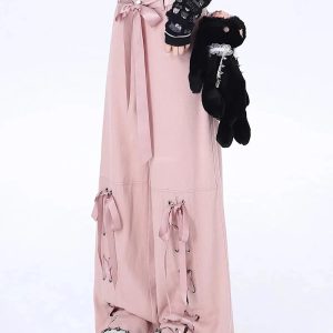 Y2K Fashion Pink Bow Lace-Up Cargo Pants for Trendy Summer Outfits