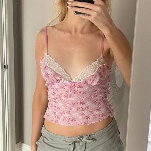 Y2K Fashion Pink Petal Lace Trim Top - Cute Summer Outfit Essential