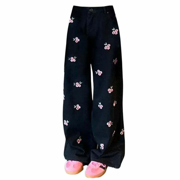 Y2K Fashion Pink Rose Embroidery Wide Leg Pants for Trendy Summer Vibes