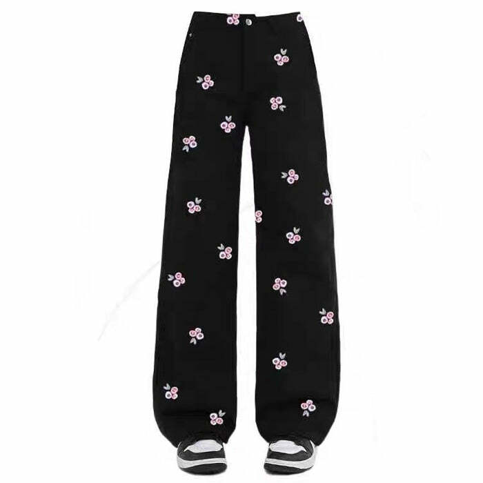 Y2K Fashion Pink Rose Embroidery Wide Leg Pants for Trendy Summer Vibes