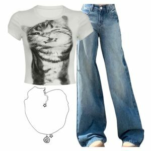 Y2K Fashion: Pixelated Cat Crop Top, Light Wash Wide-Leg Jeans & Punk Necklace