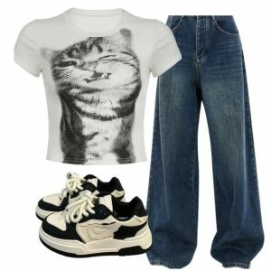 Y2K Fashion: Pixelated Cat Crop Top, Oversized Wide-Leg Jeans & Sneakers