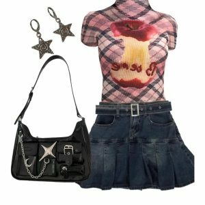 Y2K Fashion Plaid Mesh Crop Top & Vintage Denim Mini Skirt Set