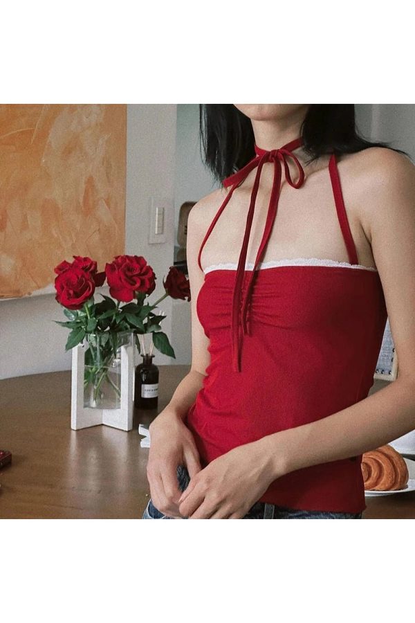 Y2K Fashion Red Lace-Trim Halter Top for Summer Outfits & Cute Looks