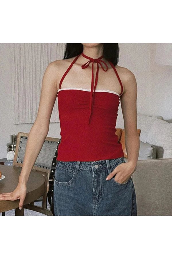 Y2K Fashion Red Lace-Trim Halter Top for Summer Outfits & Cute Looks