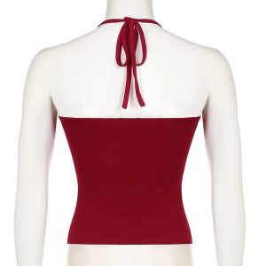 Y2K Fashion Red Lace-Trim Halter Top for Summer Outfits & Cute Looks